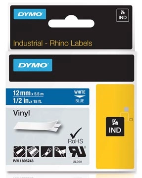 Een Dymo RHINO vinyltape 12 mm, wit op blauw koop je bij best4office