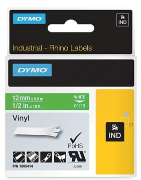 Een Dymo RHINO vinyltape 12 mm, wit op groen koop je bij best4office