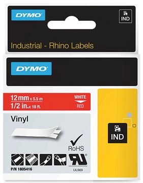 Een Dymo RHINO vinyltape 12 mm, wit op rood koop je bij best4office