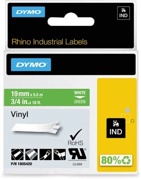 Een Dymo RHINO vinyltape 19 mm, wit op groen koop je bij best4office