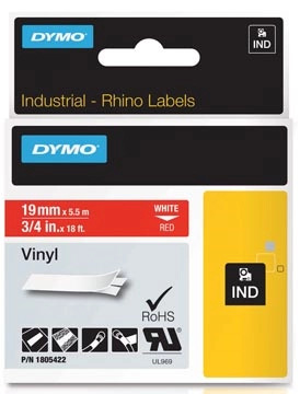 Een Dymo RHINO vinyltape 19 mm, wit op rood koop je bij best4office