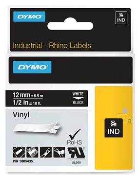 Een Dymo RHINO vinyltape 12 mm, wit op zwart koop je bij best4office