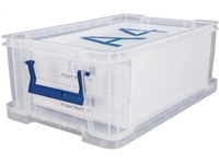 Een Bankers Box opbergdoos 10 liter, transparant met blauwe handvaten, per stuk verpakt in karton koop je bij best4office