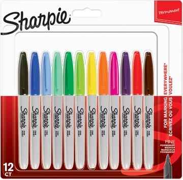 Een Sharpie permanente marker, fijn, blister van 12 stuks in geassorteerde kleuren koop je bij Muys Kantoor & Kado