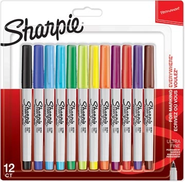 Een Sharpie permanente marker, extra fijn, blister van 12 stuks in geassorteerde kleuren koop je bij Muys Kantoor & Kado