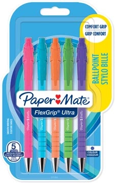 Een Paper Mate balpen Flexgrip Ultra RT Brights, medium, blauwe inkt, blister van 5 stuks, assorti koop je bij Muys Kantoor & Kado