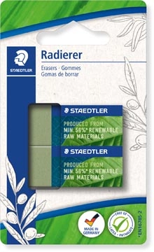 Een Staedtler gum Eco, olijfgroen, ft 43 x 19 x 13 mm, blister van 2 stuks koop je bij Muys Kantoor & Kado