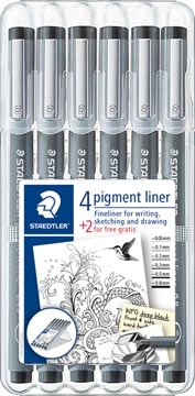 Een Staedtler pigment liner fineliner, ronde punt, verschillende schrijfbreedtes, etui van 4 + 2, zwart koop je bij best4office