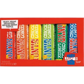 Een Tony's Chocolonely chocoladereep, 47/50g, 6 stuks, mix koop je bij Muys Kantoor & Kado