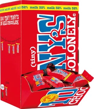 Een Tony's Chocolonely mini chocoladereep, 900g, doos van 100 stuks apart verpakt, melk koop je bij best4office