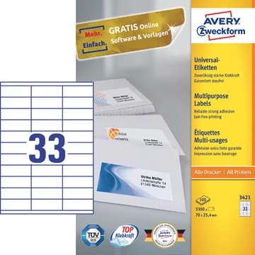 Een Avery Zweckform 3421, Universele etiketten, Ultragrip, wit, 100 vel, 33 per vel, 70 x 25,4 mm koop je bij best4office