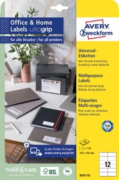 Een Avery Zweckform universele etiketten, 105 x 48 mm, wit, permanent klevend, 120 etiketten, 10 vellen koop je bij best4office