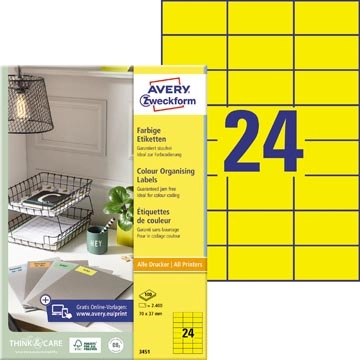 Een Avery gekleurde universele etiketten ft 70 x 37 mm (b x h), 2400 stuks, geel koop je bij Muys Kantoor & Kado