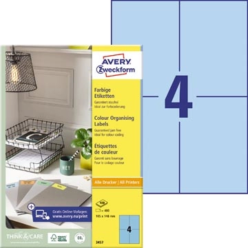 Een Avery gekleurde universele etiketten ft 105 x 148 mm (b x h), 400 stuks, blauw koop je bij best4office