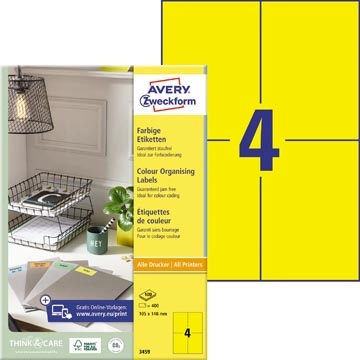 Een Avery gekleurde universele etiketten ft 105 x 148 mm (b x h), 400 stuks, geel koop je bij best4office