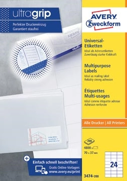 Een Avery Zweckform 3474, Universele etiketten, Ultragrip, wit, 200 vel, 24 per vel, 70 x 37 mm koop je bij best4office