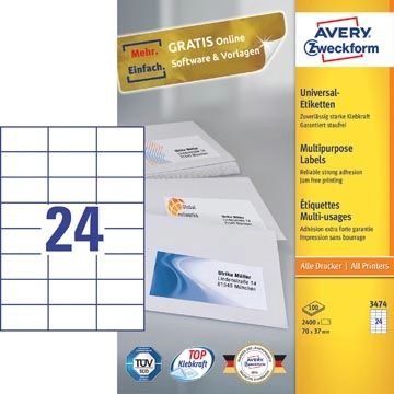 Een Avery Zweckform 3474, Universele etiketten, Ultragrip, wit, 100 vel, 24 per vel, 70 x 37 mm koop je bij best4office