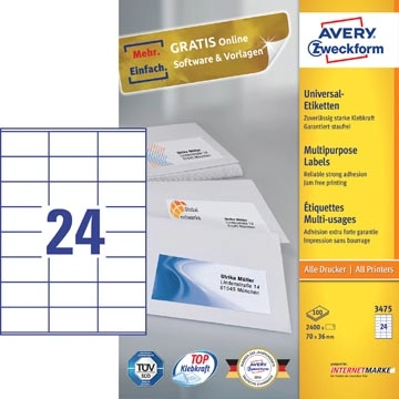 Een Avery Zweckform 3475, Universele etiketten, Ultragrip, wit, 200 vel, 24 per vel, 70 x 36 mm koop je bij best4office