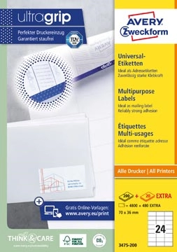 Een Avery Zweckform 3475, Universele etiketten, Ultragrip, wit, 200 vel, 24 per vel, 70 x 36 mm koop je bij best4office