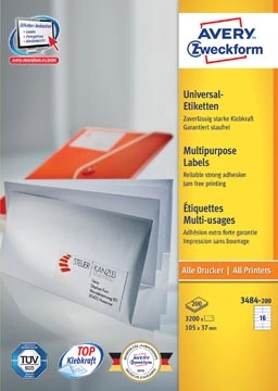 Een Avery Zweckform 3484, Universele etiketten, Ultragrip, wit, 200 vel, 16 per vel, 105 x 37 mm koop je bij best4office