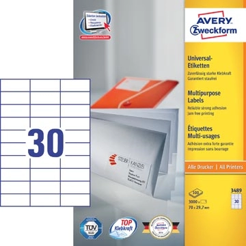 Een Avery Zweckform 3489, Universele etiketten, Ultragrip, wit, 100 vel, 30 per vel, 70 x 29,7 mm koop je bij best4office