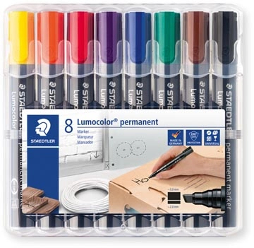 Een Staedtler Lumocolor 350, permanent marker, schuine punt, 2 - 5 mm, etui van 8 stuks in geassorteerde kleu koop je bij Muys Kantoor & Kado