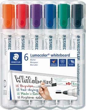 Een Staedtler Lumocolor whiteboardmarker etui van 6 stuks in geassorteerde kleuren koop je bij Muys Kantoor & Kado