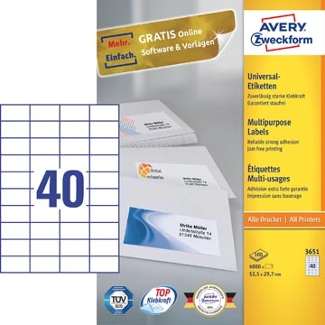 Een Avery Zweckform 3651, Universele etiketten , Ultragrip, wit, 100 vel, 40 per vel, 52,5 x 29,7 mm koop je bij best4office