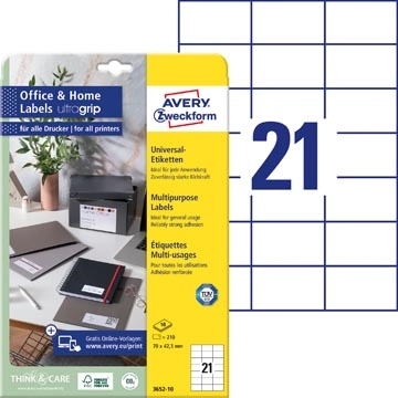 Een Avery Zweckform universele etiketten, 70 x 42,3 mm, wit, permanent klevend, 210 etiketten, 10 vellen koop je bij best4office