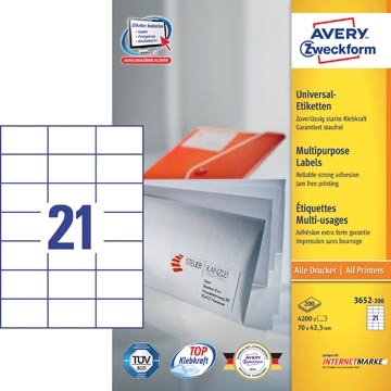 Een Avery Zweckform 3652, Universele etiketten, Ultragrip, wit, 200 vel, 21 per vel, 70 x 42,3 mm koop je bij Muys Kantoor & Kado