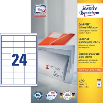 Een Avery Zweckform 3658, Universele etiketten, Ultragrip, wit, 100 vel, 24 per vel, 64,6 x 33,8 mm koop je bij best4office