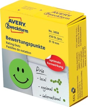 Een Avery rating dots, diameter 19 mm, rol met 250 stuks, smiley, groen koop je bij best4office