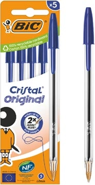 Een Bic Cristal balpen medium, blauw, blister van 5 stuks koop je bij Muys Kantoor & Kado