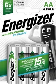 Een Energizer herlaadbare batterijen Extreme AA, blister van 4 stuks koop je bij Muys Kantoor & Kado