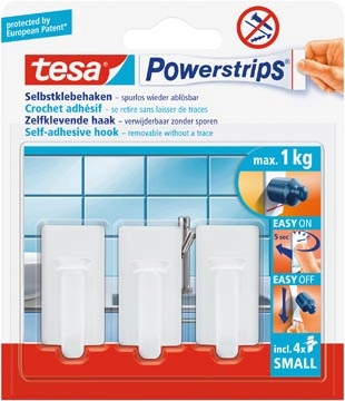 Een Tesa zelfklevende haken Powerstrips, draagkracht 1 kg, wit, blister van 4 strips en 3 haken koop je bij Muys Kantoor & Kado