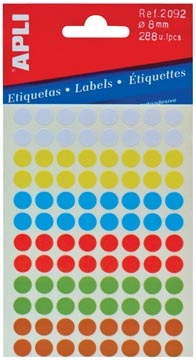 Een Apli ronde etiketten in etui diameter 8 mm, geassorteerde kleuren, 288 stuks, 96 per blad (2092) koop je bij best4office