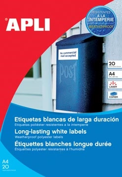 Een Apli weerbestendige etiketten ft 210 x 297 mm (b x h), 20 stuks, 1 per blad, doos van 20 blad koop je bij best4office