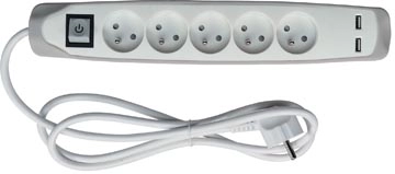 Een Perel contactdoos met 5 stopcontacten, 2 USB en schakelaar, 1,5 m, wit/grijs, voor NL koop je bij Muys Kantoor & Kado