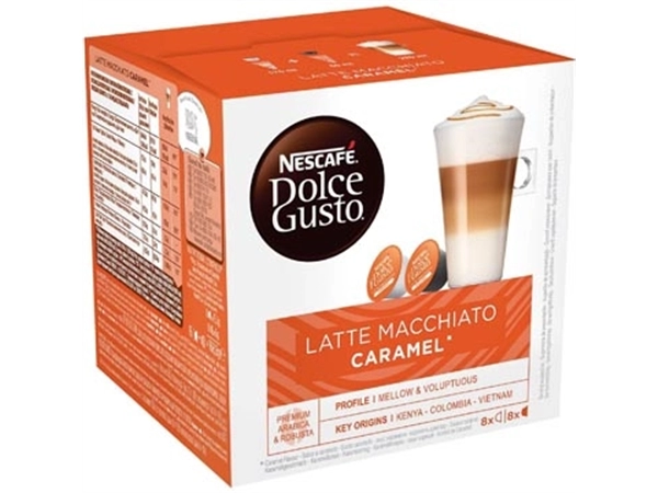 Een Nescafé Dolce Gusto koffiecapsules, Latte Macchiato Caramel, pak van 16 stuks koop je bij Muys Kantoor & Kado