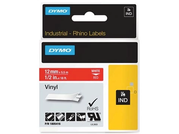 Een Dymo RHINO vinyltape 12 mm, wit op rood koop je bij best4office