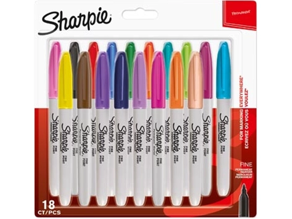 Een Sharpie permanente marker, fijn, blister van 18 stuks in geassorteerde kleuren koop je bij Muys Kantoor & Kado