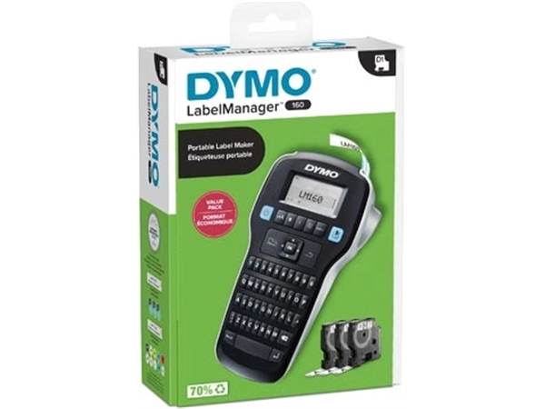 Een Dymo LabelManager 160 Value Pack: 1 x LabelManager 160P + 3 x D1 tape, qwerty koop je bij best4office