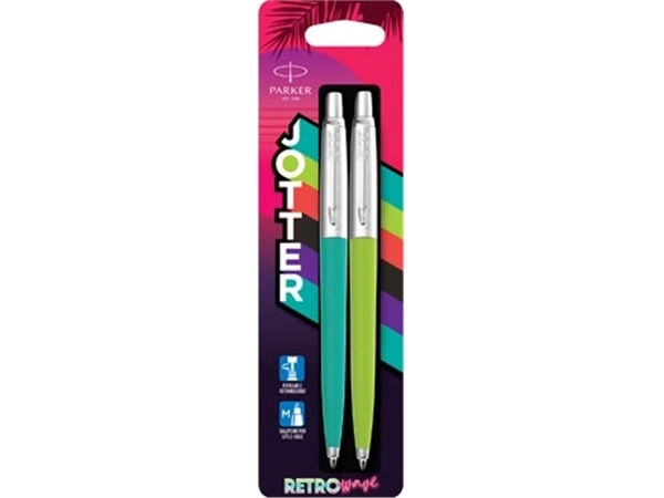 Een Parker Jotter Originals balpen 80'S Retro Wave, blister van 2 stuks (groen en blauw) koop je bij best4office