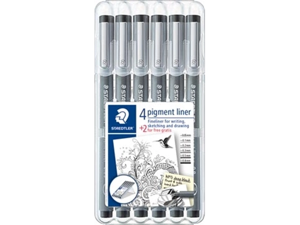 Een Staedtler pigment liner fineliner, ronde punt, verschillende schrijfbreedtes, etui van 4 + 2, zwart koop je bij best4office