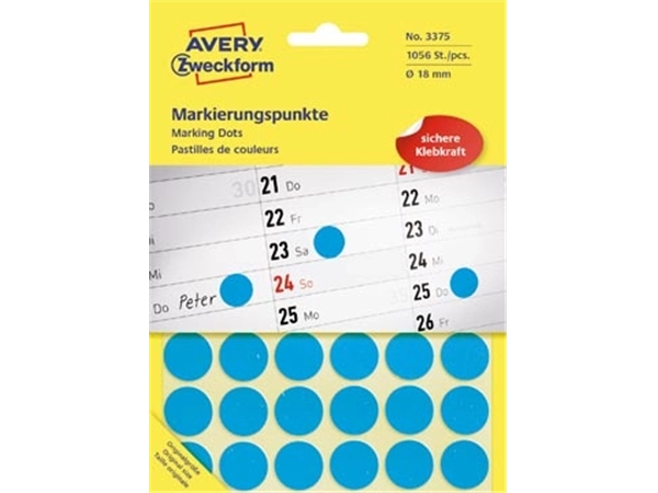 Een Avery Zweckform 3375 ronde etiketten, diameter 18 mm, 1.056 etiketten, blauw koop je bij best4office