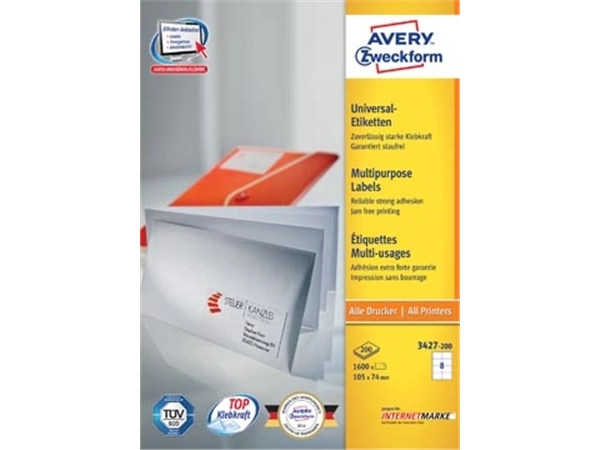 Een Avery Zweckform 3427, Universele etiketten, Ultragrip, wit, 200 vel, 8 per vel, 105 x 74 mm koop je bij Muys Kantoor & Kado