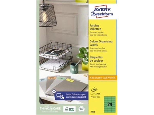 Een Avery gekleurde universele etiketten ft 70 x 37 mm (b x h), 2400 stuks, groen koop je bij best4office