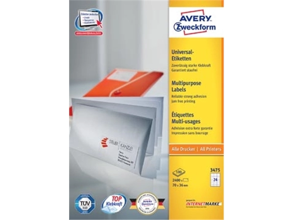 Een Avery Zweckform 3475, Universele etiketten, Ultragrip, wit, 100 vel, 24 per vel, 70 x 36 mm koop je bij best4office