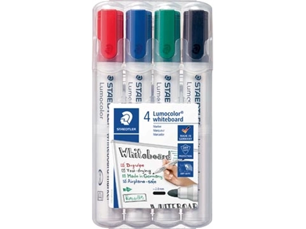 Een Staedtler Lumocolor whiteboardmarker etui van 4 stuks in geassorteerde kleuren koop je bij Muys Kantoor & Kado