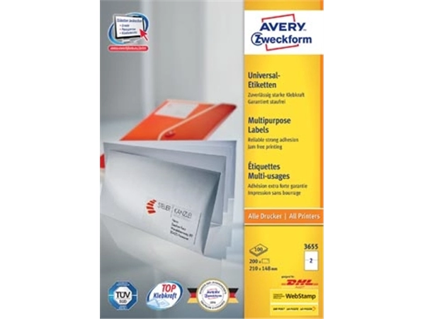 Een Avery Zweckform 3655, Universele etiketten, Ultragrip, wit, 100 vel, 2 per vel, 210 x 148 mm koop je bij Muys Kantoor & Kado